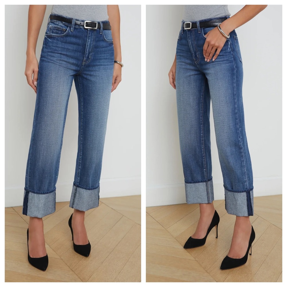L'AGENCE Leighton Ultra High Rise Straight Leg Cuffed Jeans Indigo Blue Size 23